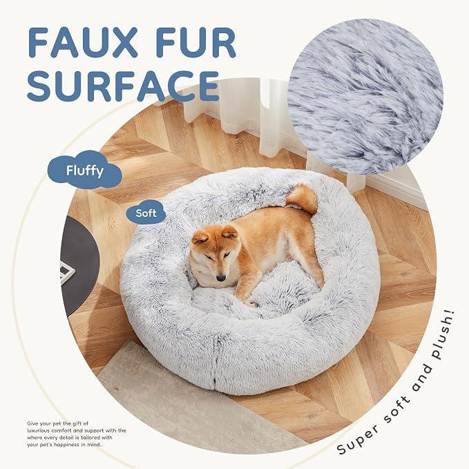 DUMOS 37.4 Inch XL Donut Dog Bed for Indoor Use, Fluffy Faux Fur Plush | Warming Cozy Round Pet Bed, Machine Washable Cuddler, Anti-Slip Bed for Dogs and Cats, Grey