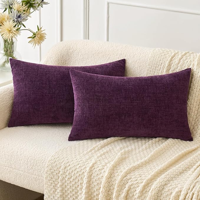 MIULEE Soft Chenille Lumbar Throw Pillow Covers Plum Purple 12x20 Inch | Pack of 2, Modern Decor, Classic Decorative Pillows, Solid Dyed Cases, Boho Couch Cushion Covers for Sofa Bed Living Room