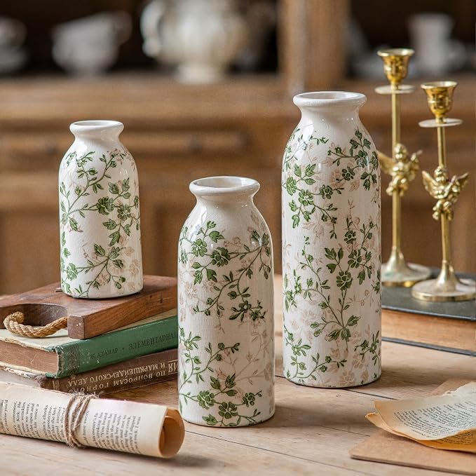 Teweiqi Vintage Vase Set of 3, Ceramic Flower Vases Chinoiserie Decor, Rustic Farmhouse Vases Retro Decorative Vases, for Home Living Room Kitchen Table Mantle Shelf Decor - Green and White