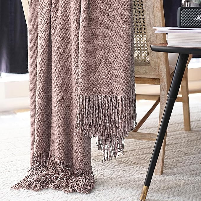LOMAO Knitted Throw Blanket with Tassels Bubble Textured Lightweight Throws for Couch Cover Home Decor (Brownish Pink, 50x60)