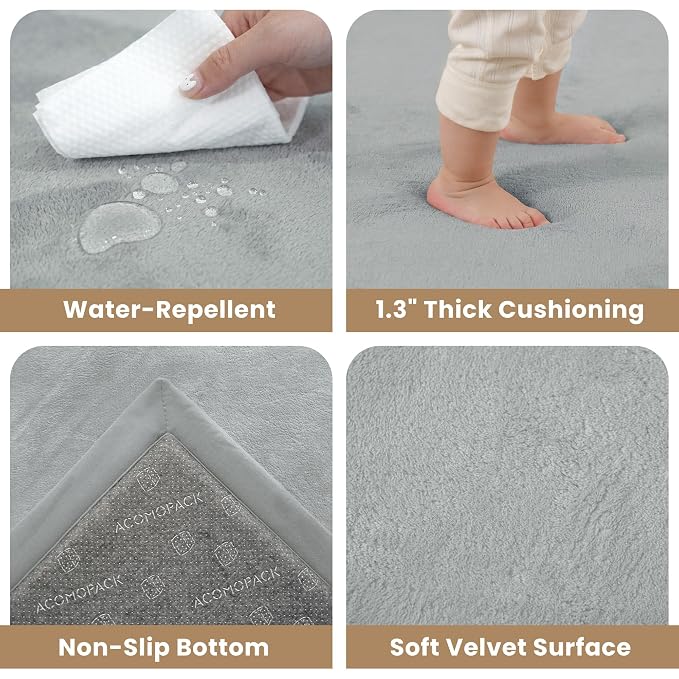 ACOMOPACK Baby Play Mat for Floor,1.3" Thick Elasti-Foam 59"×71" Non-Slip Water Repellent,Non-Toxic Playpen Mat for Infants Toddlers Kids, Ultra Soft Coral Velvet for Tummy Time Crawling（Light Grey）