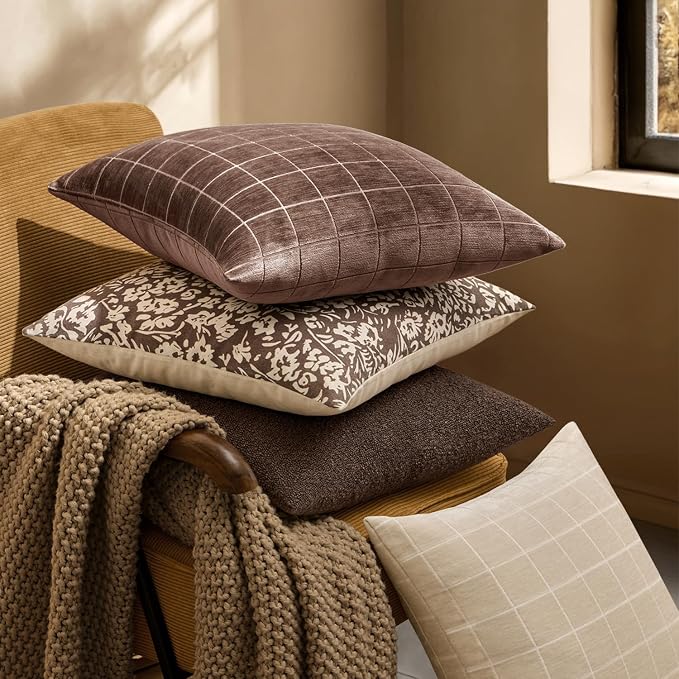MIULEE Reddish Brown Plaid Fall Decor Throw Pillow Covers 18x18 Set of 2 | Vintage, Check Chenille Couch Pillows, Boho Farmhouse Cushion Covers, Modern Home Decor for Sofa Bed Living Room