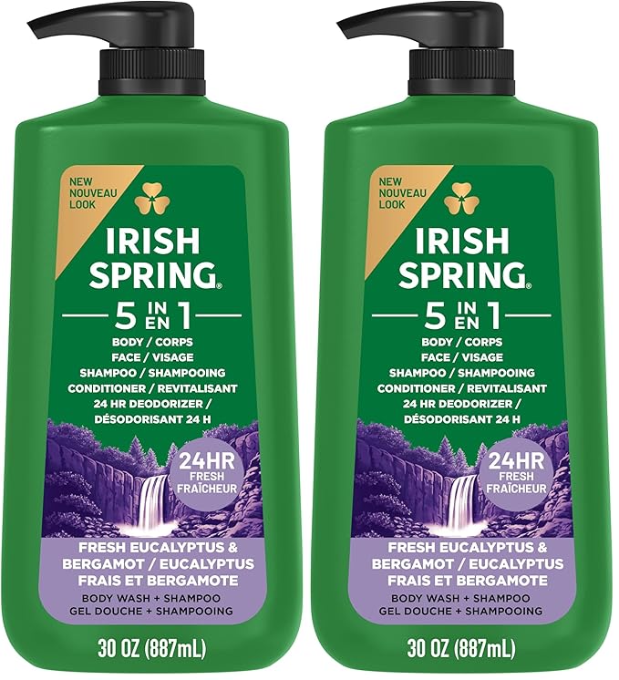 Irish Spring 5 in 1 Body Wash for Men | 24 Hour Freshness | For Body Face Hair | Biodegradable Ingredients | 30 Oz Pump 2-Pack