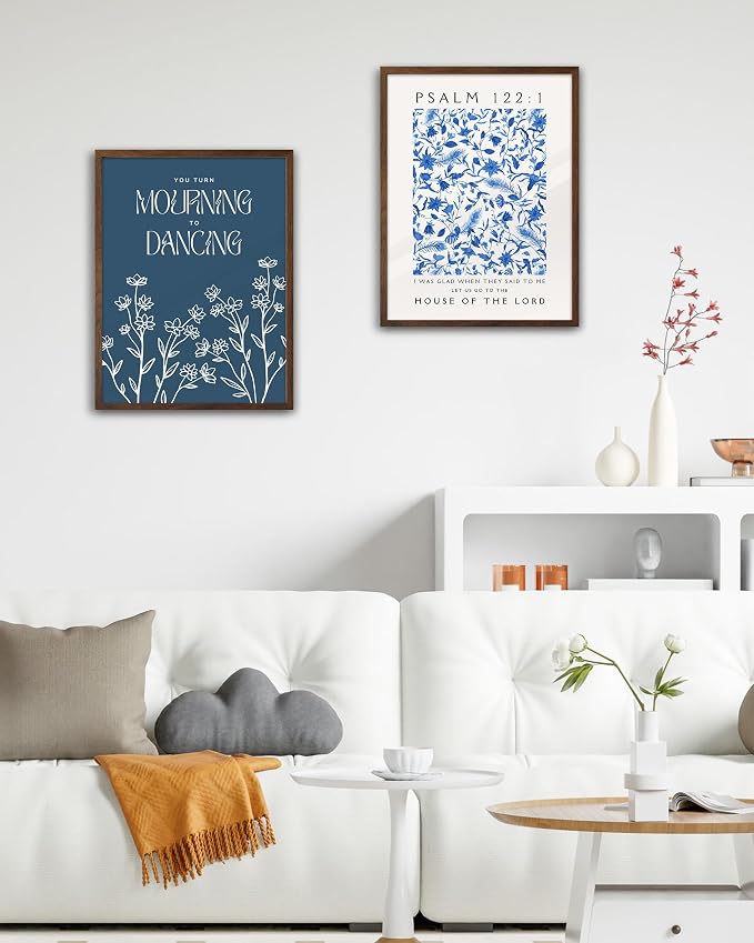 EcoHest 12x16 in Psalm 122:1 Blue Floral Framed Christian Wall Art | Walnut Color Solid Oak Frame， Canvas Wall Art, Botanical Scripture Wall Decor for Bedroom, Living Room, Office, Church, 1Pack