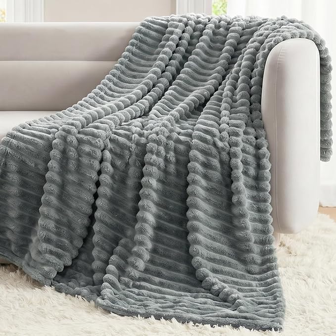 Gray Throw Blanket for Couch & Bed, 50 x 60 Inch | 300GSM Ribbed Fleece Blanket, Soft, Cozy & Lightweight, OEKO-TEX Certified, All-Season Use for Travel, Dorm & Home Decor