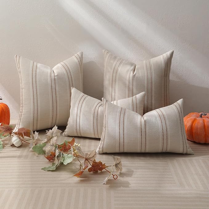 Hckot Rust Throw Pillow Covers 22x22 Set of 2 Striped Fall Pillow Covers Textured Linen Decorative Pillows Square Cushion Covers for Sofa Couch Bed Living Room Farmhouse Decor(Caramel)