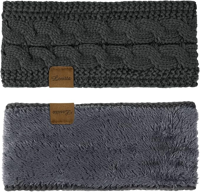 Loritta 2 Pack Headbands for Women Winter Warm Cable Knit Ear Warmer Thick Head Wrap Fuzzy Fleece Lined Gifts