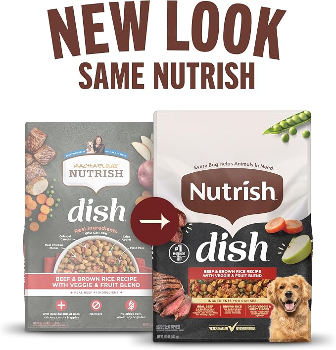 Nutrish Dish Dry Dog Food, Beef Recipe, 23 lb. Bag (Rachael Ray) | Made with Brown Rice and Veggies & Fruit Blend, Veterinarian Reviewed Formula, Complete & Balanced Nutrition For Dogs