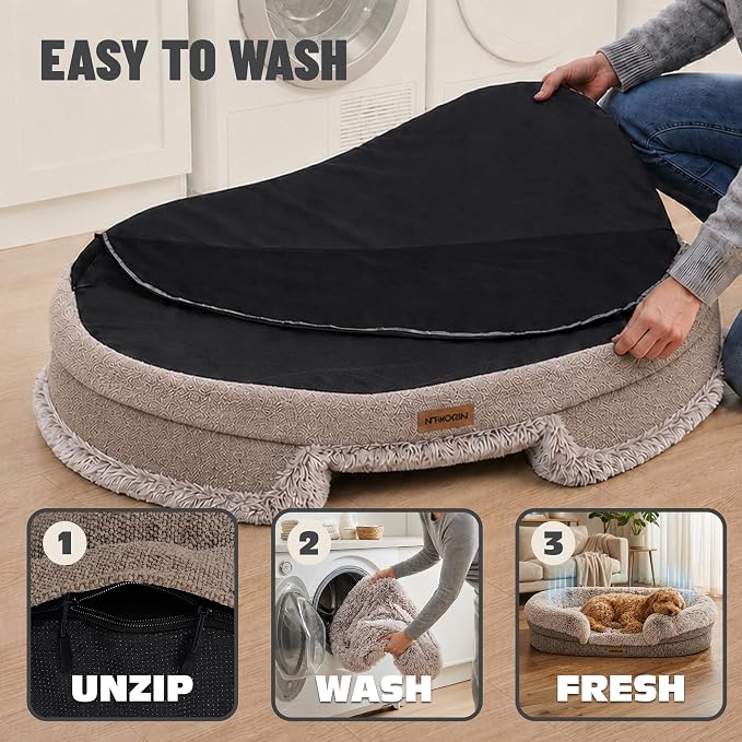 Fluffy Orthopedic Dog Beds Large Sized Dog, 43" Bolster Sofa Bed | Soft plush faux fur,lowered entry,washable cover,waterproof liner,claming dog couch for x-large dogs,supportive bolster
