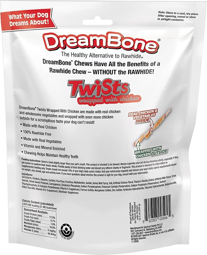 DreamBone Chicken Wrapped Twist Stick Rawhide-Free Dog Treats, 50 Count | Daily Chew, Digests Safely and Completely, Made With Real Protein, Chicken and Veggies, For Adult Dogs