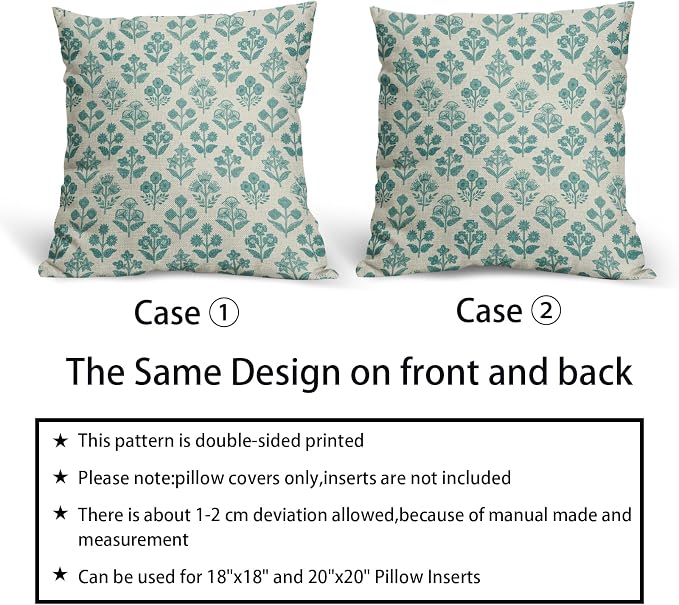 Teal Floral Pillow Covers 20x20 Inch Set of 2, Vintage Flower Block Print Pattern Decorative Throw Pillowcases Outdoor Farmhouse Cushion Covers Spring Summer Rustic Sofa Couch Bed Decor
