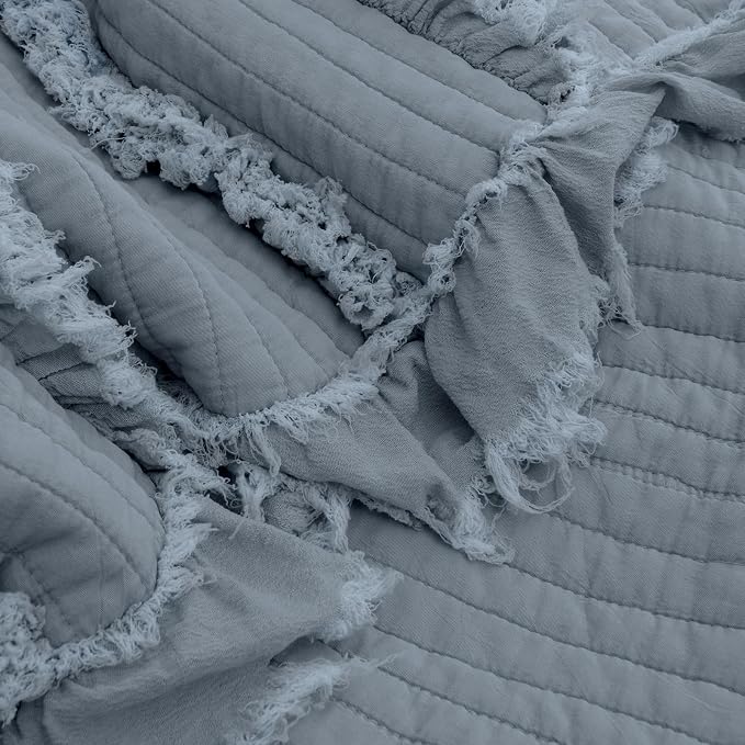 Ultra Soft Pre-Washed Quilted Boho Dark Blue Twin Size Blankets for Bed, Ruffle Fringed Decorative Throw, Stone Washed Chic Rustic Blanket for Sofa Couch Bed, 60"*80"