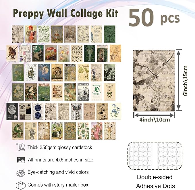 KBKBART Vintage Fairycore Wall Collage Kit Unframed, 50Pcs Fairy Posters | 4x6inch, Fairy Room Decor Aesthetic Pictures, Earthy Vintage Fairy Wall Art Print Mushroom Pictures for Dorm Bedroom