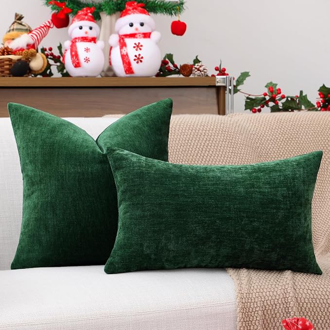decorUhome Soft Chenille Christmas Green Throw Pillow Covers 18X18 Set of 2 | Decorative Fall Couch Pillow Covers Solid Dyed Accent Modern Farmhouse Neutral Square Pillow Cases for Sofa