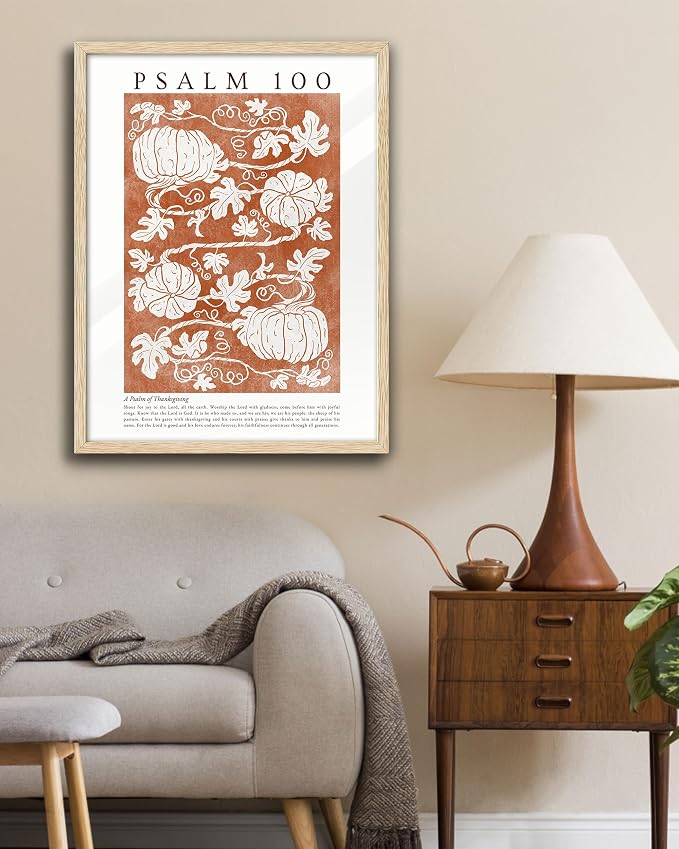EcoHest 16x20in Psalm 100 Pumpkin Thanksgiving Botanical Christian Wall Art | Solid Oak Wood Frame with Canvas Wall Art, Fall Scripture Bible Verse Decor for Bedroom, Living Room, Office, Church, 1Pack