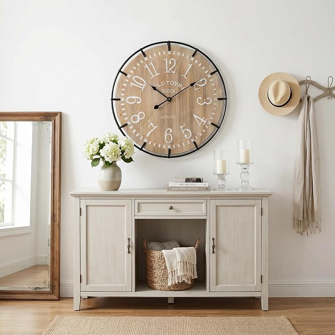 EMAX HOME 24 Inch Large Farmhouse Wall Clock - Rustic Antique Wood, Silent Battery Operated Clock for Office Kitchen Bedroom Living Room