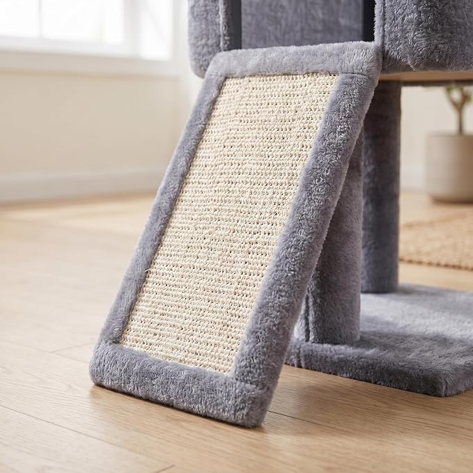 32" Cat Tree for Indoor Cats, 2-in-1 Cat House with Sisal Scratching Post & Ramp, 2-Level Cat Tower with Rotatable Feather & Ball Toys, Stable Grey Cat Condo for Small/Medium Cats, Grey