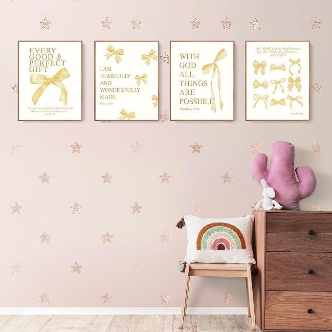 LARTSFRO Coquette Yellow Bow Wall Art Decor Posters, Butter Yellow Bow Room Bedroom Bathroom Dorm Wall Art Decor Aesthetic for College Teen Girls Gifts, Inspirational Bible Verses Bow Wall Decor, 12x16 Inch Set of 4 Pcs Bow Pictures (UNFRAMED)