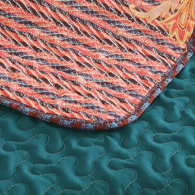Exclusivo Mezcla Reversible Boho Quilted Throw Blanket, 50"x 60" | Lightweight Summer Quilt Throw, Designed for Bed/ Couch/ Sofa, Teal and Orange Striped Pattern