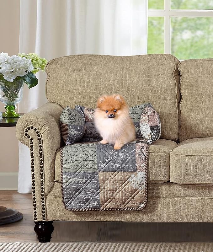 Brilliant Sunshine Latte Grey Paris & Toile Dog Sofa Slipcover, Small | Calming Pet Couch Bed with Removable & Washable Cover, Funiture Protector & Bed Mat for Dogs, Pets, Cats, 18"×32"×8"