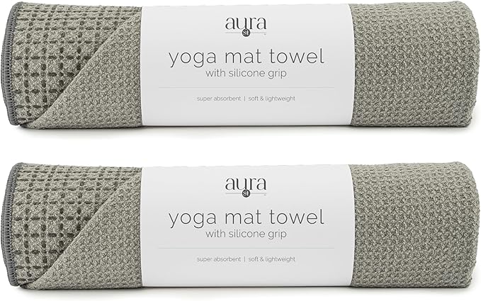 S&T INC. Aura Yoga Mat Towel with Non-Slip Grip, Enhanced Silicone Grip, Soft and Absorbent for Gym, Pilates, and Hot Yoga Mat, 2 Pack, 24 inches x 72 inches, 340GSM, Grey