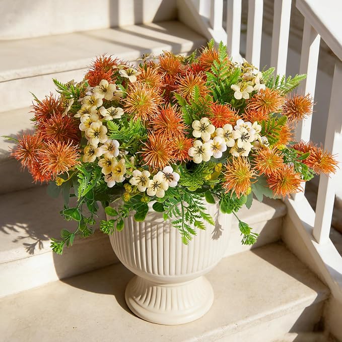 RM ROOMERS Artificial Flowers Plants for Outdoors,Fall Fake Flowers Orange | Pincushion UV Resistant Faux Flower for Garden Porch Windowbox Front Door Yard, No Fade Home Vase Decor (4 Bundles/24 Stems)