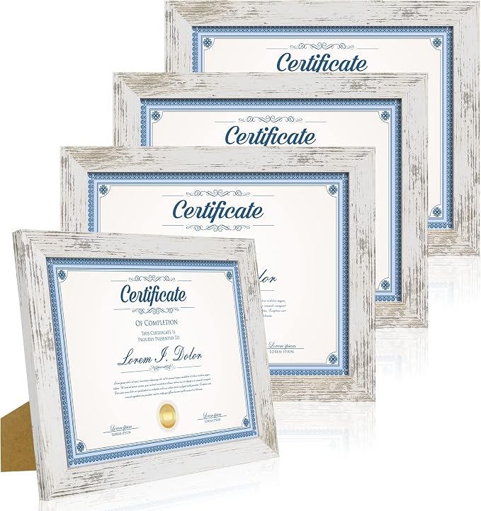 Hongkee 8.5 x 11 Picture Frame Set of 4, Made of Real Glass and Distressed White Certificate & Diploma Frame, 8.5 by 11 Photo for Wall or Tabletop - Display Picture 6x8 with Mat or 8.5x11 Without Mat