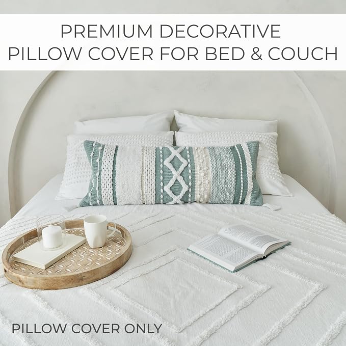 Decorative Boho Lumbar Pillow Cover 14x36 - Soft Textured Throw Pillow | Beautiful Accent Piece for Bed, Couch Decor or as Body Cushion - A Stylish Addition to Your Bedroom