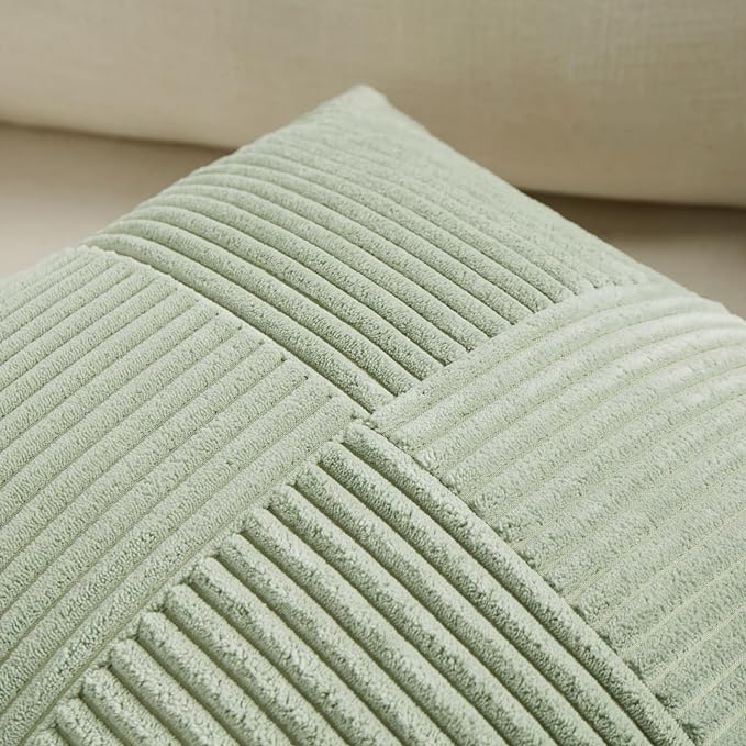 Fancy Homi Sage Green Lumbar Decorative Throw Pillow Covers 20x28 Inch for Living Room Couch Bed, Rustic Farmhouse Boho Home Decor, Soft Striped Corduroy Rectangle Accent Cushion Case 50x70 cm
