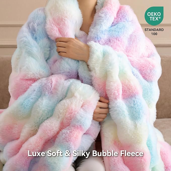 Faux Rabbit Fur Throw for Couch - Rainbow Bubble Blanket 50"x60" | Fluffy Plush Fuzzy Colorful Throw for Sofa & Bed, Super Soft Cozy Comfrt Blanket, Luxury Rainbow Decor Gift for Women