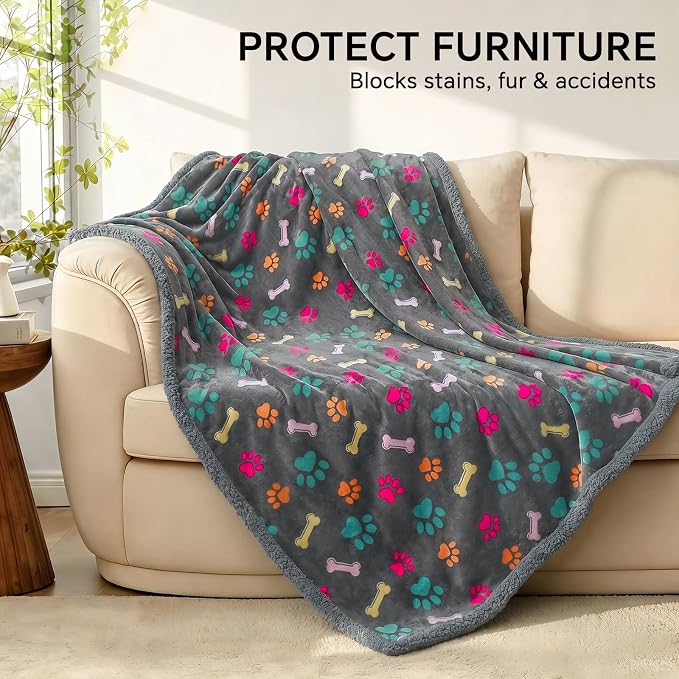 Luciphia Waterproof Dog Blanket Reversible Sherpa Fleece for Large Dogs Cat | Soft Print Pet Blanket Washable Pee Proof, Furniture Protector for Couch Sofa Bed Car, Cozy Throw (57" x 40", Grey Bone)