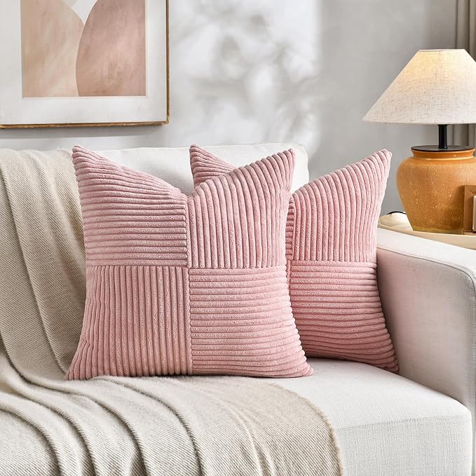 Fancy Homi Blush Pink Decorative Throw Pillow Covers 20x20 Inch for Living Room Couch Bed, Rustic Farmhouse Boho Home Decor, Soft Corss Corduroy Patchwork Accent Square Cushion Case 50x50 cm