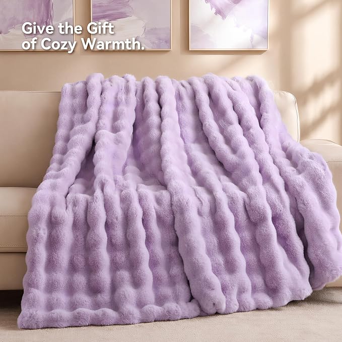 Faux Fur Throw for Couch - Light Purple Bubble Blanket 50"x60" | Fluffy Plush Fuzzy Throw for Sofa & Bed, Super Soft Cozy Comfrt Blanket, Luxury Aesthetic Purple Decor Gift for Women