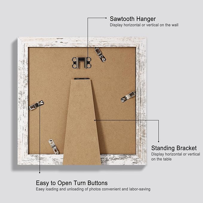 Hongkee 8x8 Picture Frames Set of 4, Made of Glass and Distressed White Wooden Frame - Display Picture 6x6 with Mat or 8 x 8 Without Mat, 8 by 8 Photo for Wall or Tabletop