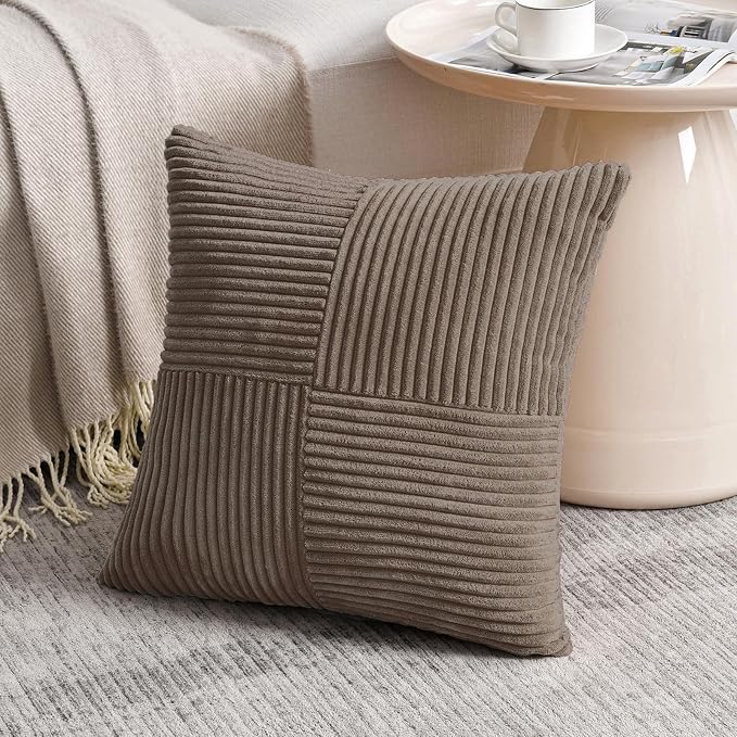 Fancy Homi Set of 1, Decorative Light Brown Corduroy Patchwork Soft Striped Modern Accent Cushion Case Farmhouse Boho Neutral Throw Pillow Covers for Chair Couch Sofa Bed Living Room Home 20x20 Inch