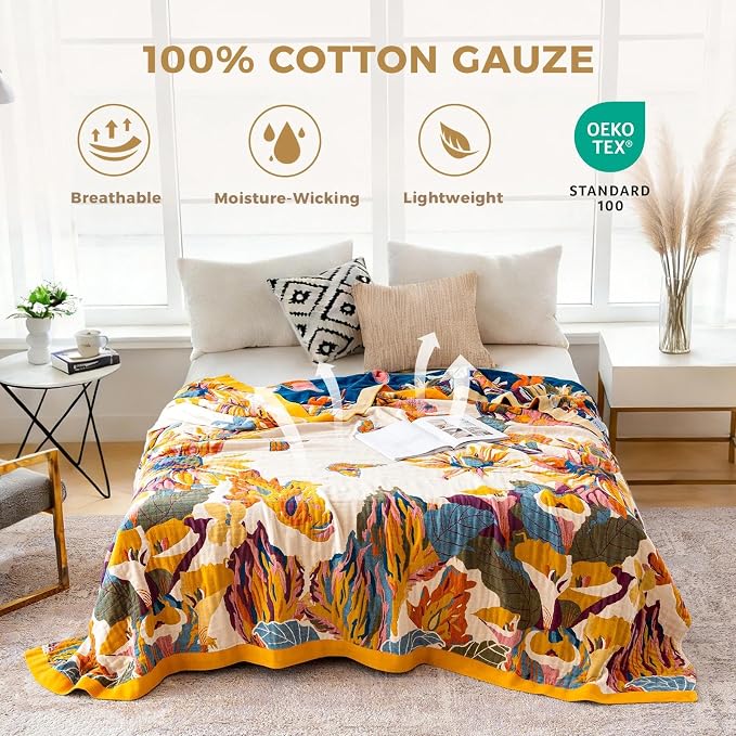 LUTBM King Throw Blanket for Bed -100% Cotton Soft Boho Summer Blankets | 90"x108" Reversible Floral Butterfly Bedspread, All-Season, For Chair Sofa Couch Bedroom Decor, Lightweight Breathable Quilt