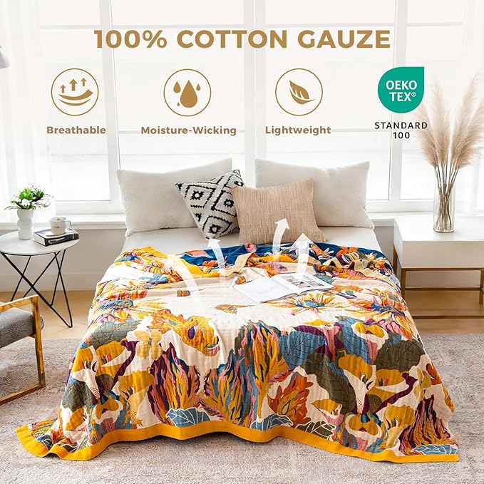 LUTBM Throw Blanket for Bed, 100% Cotton Boho Lightweight Quilt, Room Decor | Reversible 90"x98" Floral Butterfly Blankets, All-Season, For Chair Sofa Couch Room, Breathable Soft Bedspread for Summer