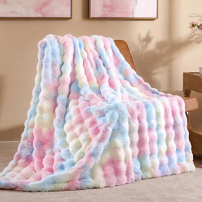 Faux Rabbit Fur Throw for Couch - Rainbow Bubble Blanket 50"x60" | Fluffy Plush Fuzzy Colorful Throw for Sofa & Bed, Super Soft Cozy Comfrt Blanket, Luxury Rainbow Decor Gift for Women