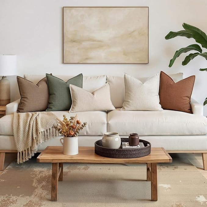 MIULEE Thick Textured Decorative Throw Pillow Covers 18x18 in Natural Beige | Set of 2, Linen Blend Pillow Cover, Flange Edge Design, Farmhouse Modern Boho Style, Bed Couch Living Room Decor