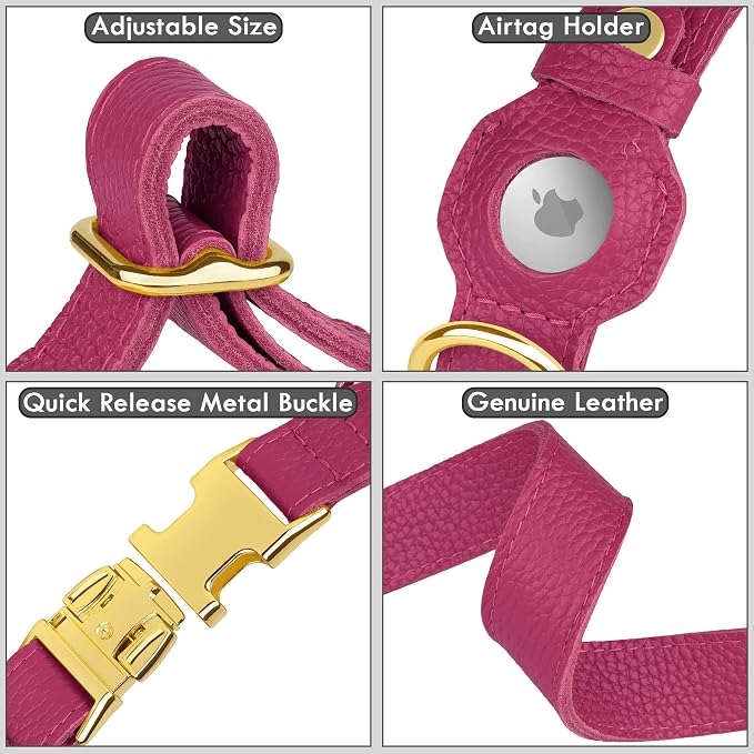 Leather Airtag Dog Collar - Soft Tracking Dog Collar with Apple AirTag Holder and Metal Buckle - Safety GPS Pet Collars for Small Medium Large Dogs Puppy Pink Red (Pink, XL, 20"-25" Neck Fit)