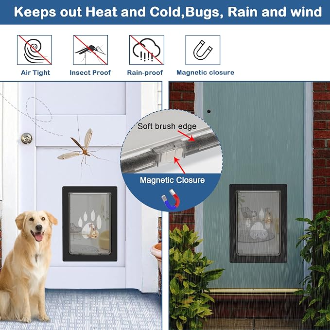 CEESC Large Dog Door, Snap-in Closing Panel, Up to 80 lbs, Durable, Black | Flap 11.75"x16.5", cut-out 12.4"x15.5". Fits doors 1.25-2.06in. Weatherproof ABS, magnetic seal