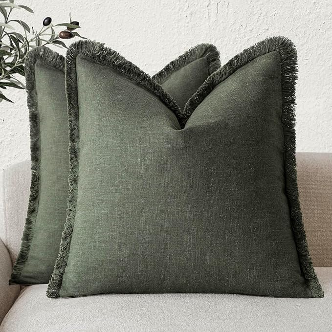 Foindtower Set of 2 Decorative Linen Fringe Throw Pillow Covers Cozy Farmhouse Cushion Cover with Tassels Accent Pillowcase for Couch Chair Sofa Bed Living Room Home Decor,22×22 Inch,Dark Olive Green