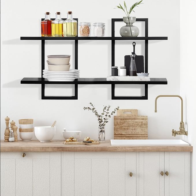 Floating Shelves for Wall,Decorative Wall Shelves Black,Plants Shelf Framed | Square Wall Decor,Art Sconces Artificial Vases Hanging Storage Shelf for Bathroom Living Room Elegant,Wood,2 Tier,Set of 2
