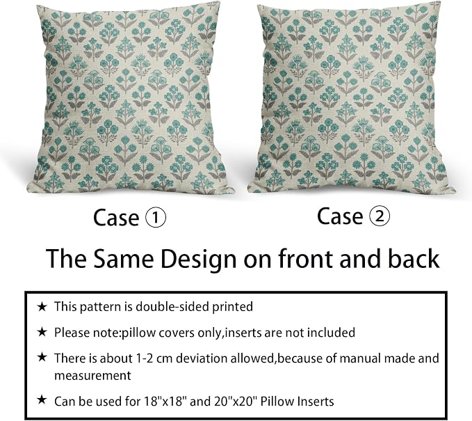 Teal Grey Gray Floral Block Print Pillow Covers 18x18 Inch Set of 2, Vintage Flower Pattern Decorative Throw Pillowcases Outdoor Farmhouse Cushion Covers Spring Summer Rustic Sofa Couch Bed Decor