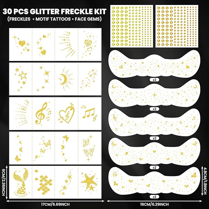 30PCS Glitter Freckles Face Tattoos & Face Gems Set, Multi-Style Gold Glitter Temporary Tattoos Makeup Patches, Fake Freckles Face Glitter for Women’s Rave Outfits & Accessories