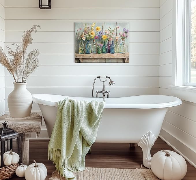 Farmhouse Flower Canvas Wall Art Wildflowers Bottles Wall Decor Rustic Plants Flowers Poster Print Artwork for Bathroom Living Room Bedroom Study Room Home Decoration