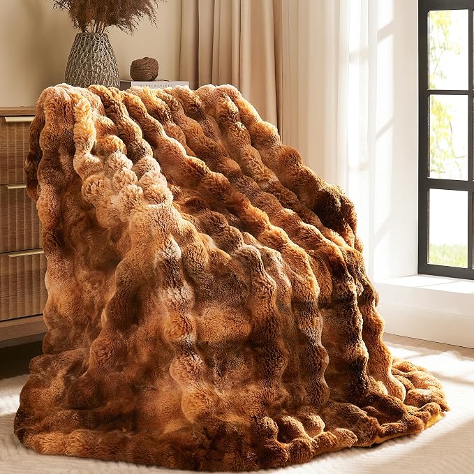 L'AGRATY Faux Fur Throw Blanket for Couch, 90''x90'' Tie-Dye Caramel Brown | Soft Cozy Bubble Fluffy Blanket for Sofa Bed, Thick Warm Plush Fuzzy Throw for Room Home Decor, Luxury Gift for Women Mom