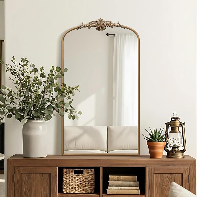 Besdomus Vintage Large Wall Mirror: 24"x42" French Brass Gold Vanity Mirror | Antique Metal Framed Decorative - Baroque Traditional Ornate for Hallway/Bathroom/Fireplace - Ideal for Bathroom Renovations