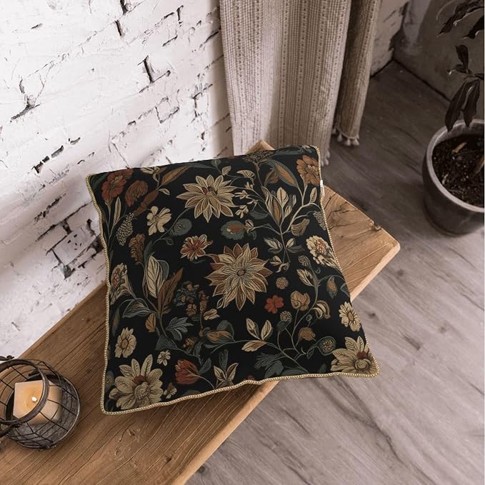 Black Boho Vintage Flowers Velvet Pillow Covers 20x20 Inch Retro Art Brown Floral Throw Pillows for Couch Cushion Covers Pillowcase Farmhouse Bohemian Pillow Cases for Sofa Bed Bedroom