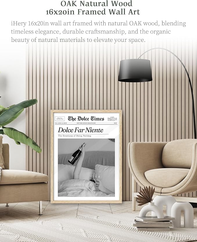 iHery 16x20in Dolce Far Niente Framed Newspaper Wall Art | Natural OAK Wood Frame with Canvas Print, The Sweetness of Doing Nothing Decor for Bedroom, Living Room and Dorm, 1Pack